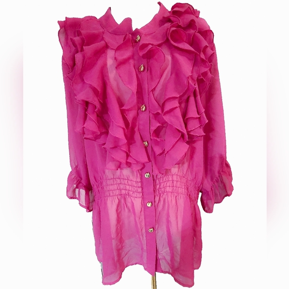 Apple Bottoms Tops - Apple Bottom Bold‎ Pink Ruffled Button-Up Blouse